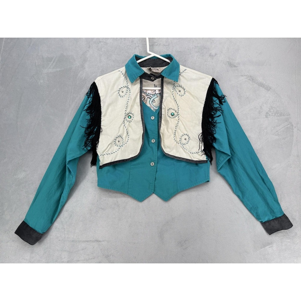 Vintage Childrens Western Shirt Long Sleeve Faux Vest Black Fringe Crop Blouse